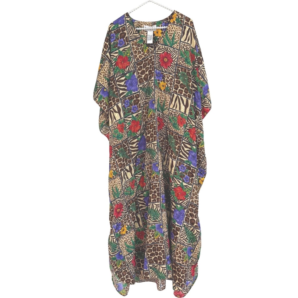 Vintage Winlar Kaftan Maxi Dress OS Boho Tropical Floral Animal Print Loungewear